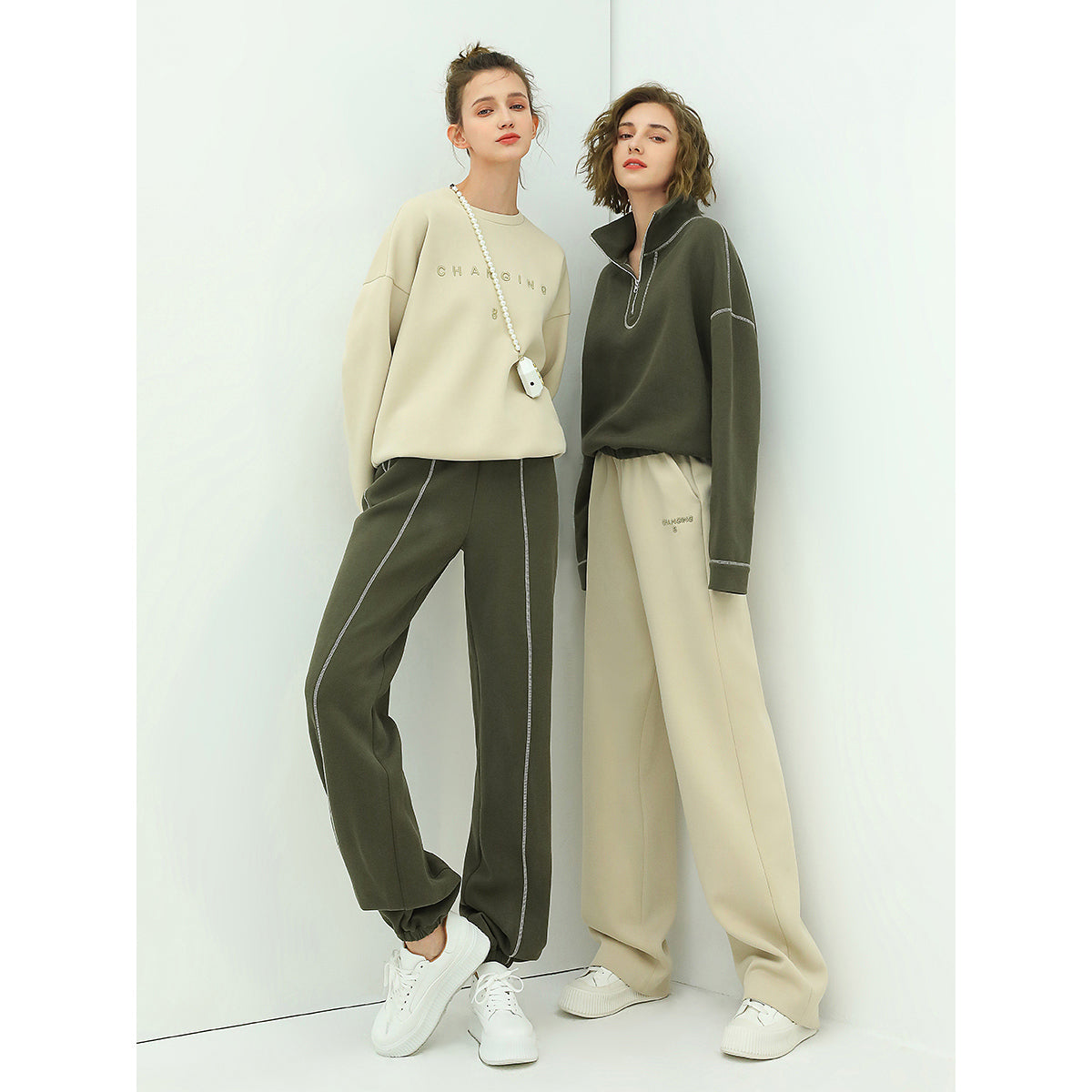 Airy Green Sweater Pants with Contrast Piping Details-2