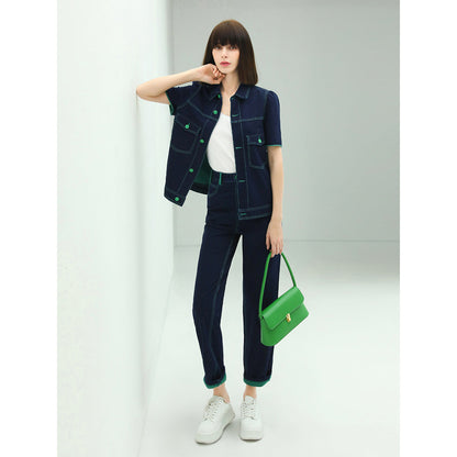 Contrast Stitch High-waist Navy Jeans-0