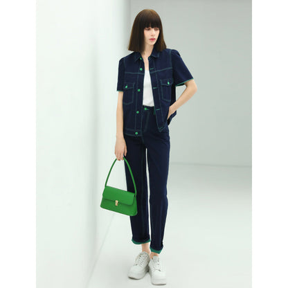 Contrast Stitch High-waist Navy Jeans-2