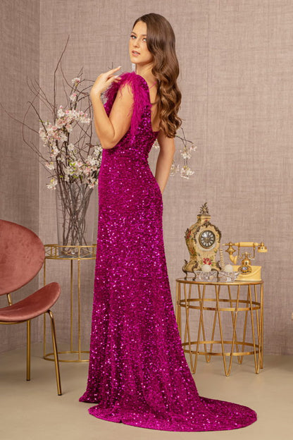 Asymmetric Sleeveless Feather Sequin Velvet Mermaid Dress-2